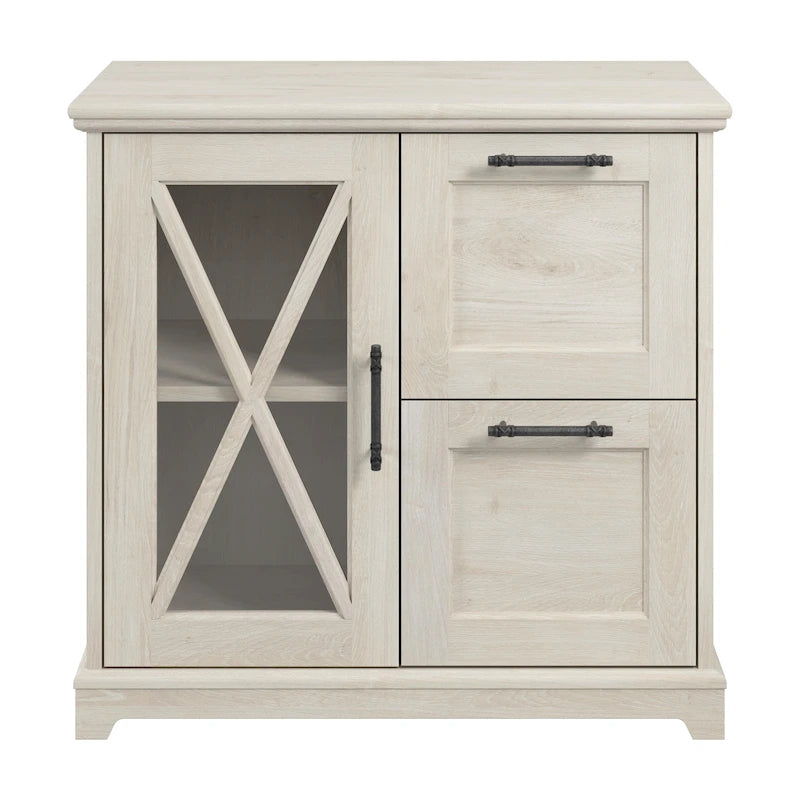 Farmhouse 2-Drawer Lateral File Cabinet with Glass Door and Shelves