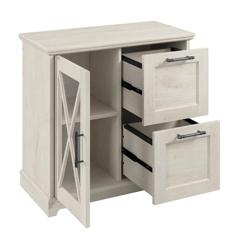 Farmhouse 2-Drawer Lateral File Cabinet with Glass Door and Shelves