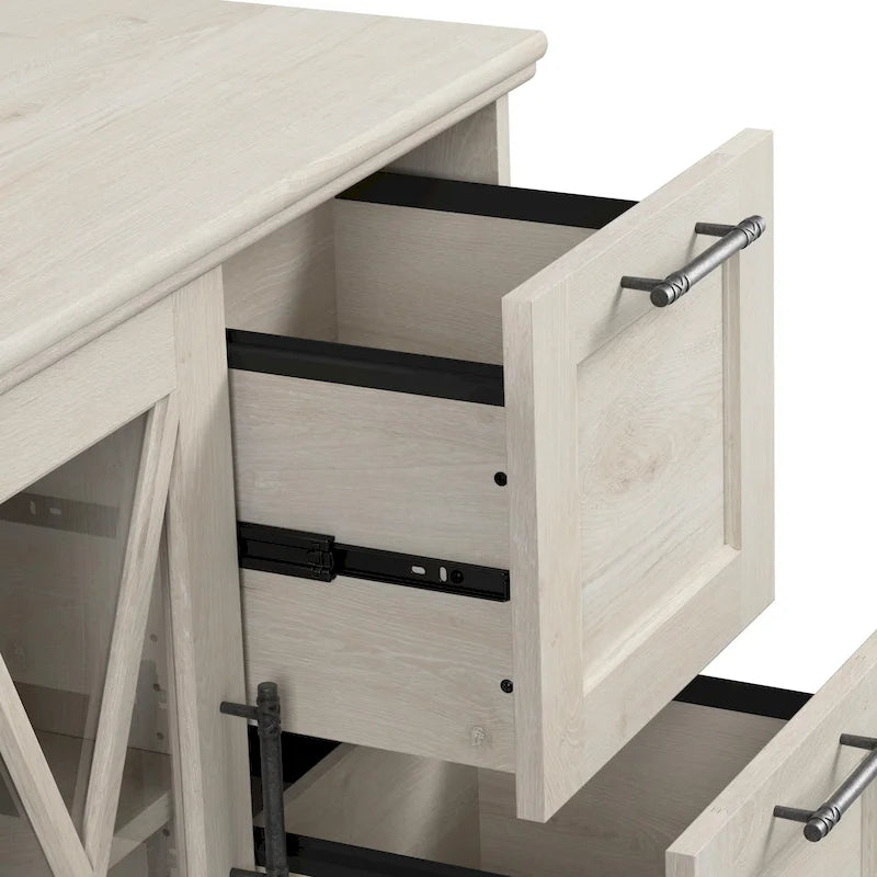 Farmhouse 2-Drawer Lateral File Cabinet with Glass Door and Shelves
