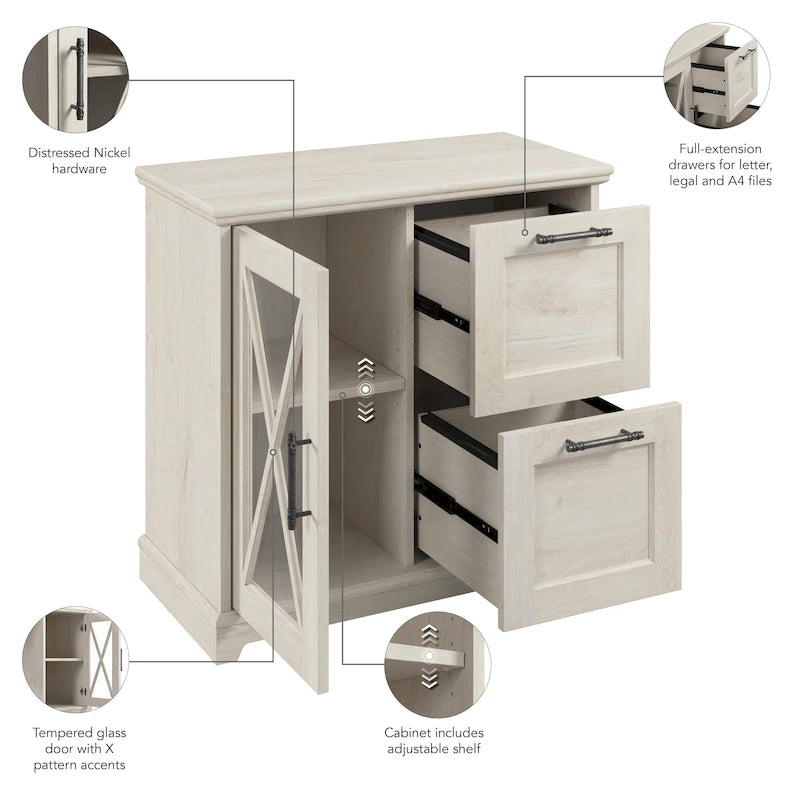 Farmhouse 2-Drawer Lateral File Cabinet with Glass Door and Shelves