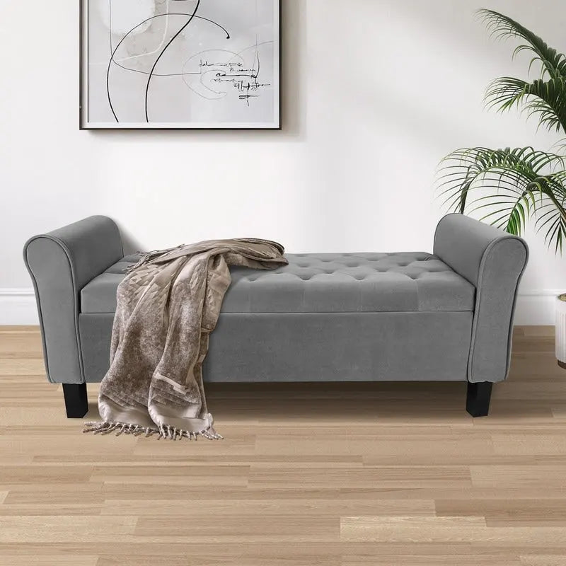 Velvet Ottoman Bench with Storage and Arms