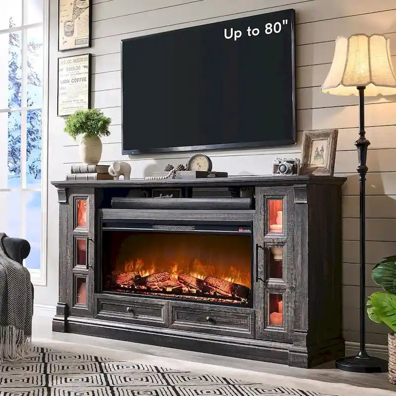 Farmhouse Fireplace TV Stand for up-to-80 TV, Entertainment Center