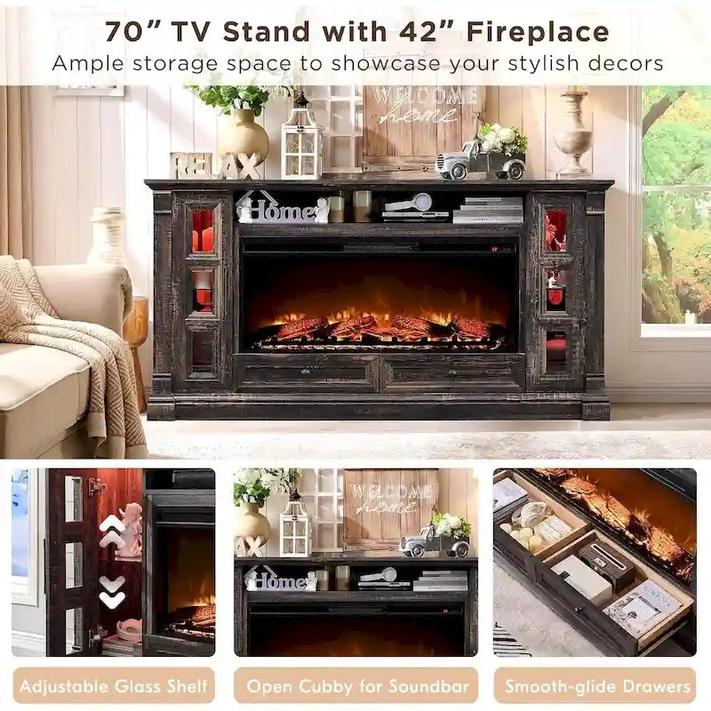 Farmhouse Fireplace TV Stand for up-to-80 TV, Entertainment Center