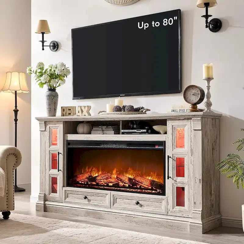 Farmhouse Fireplace TV Stand for up-to-80 TV, Entertainment Center