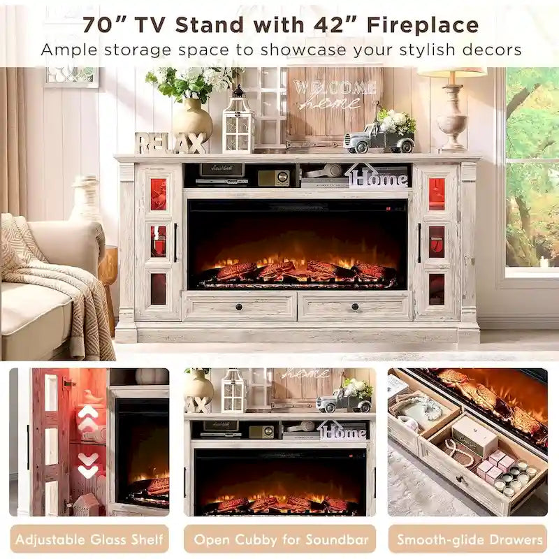 Farmhouse Fireplace TV Stand for up-to-80 TV, Entertainment Center