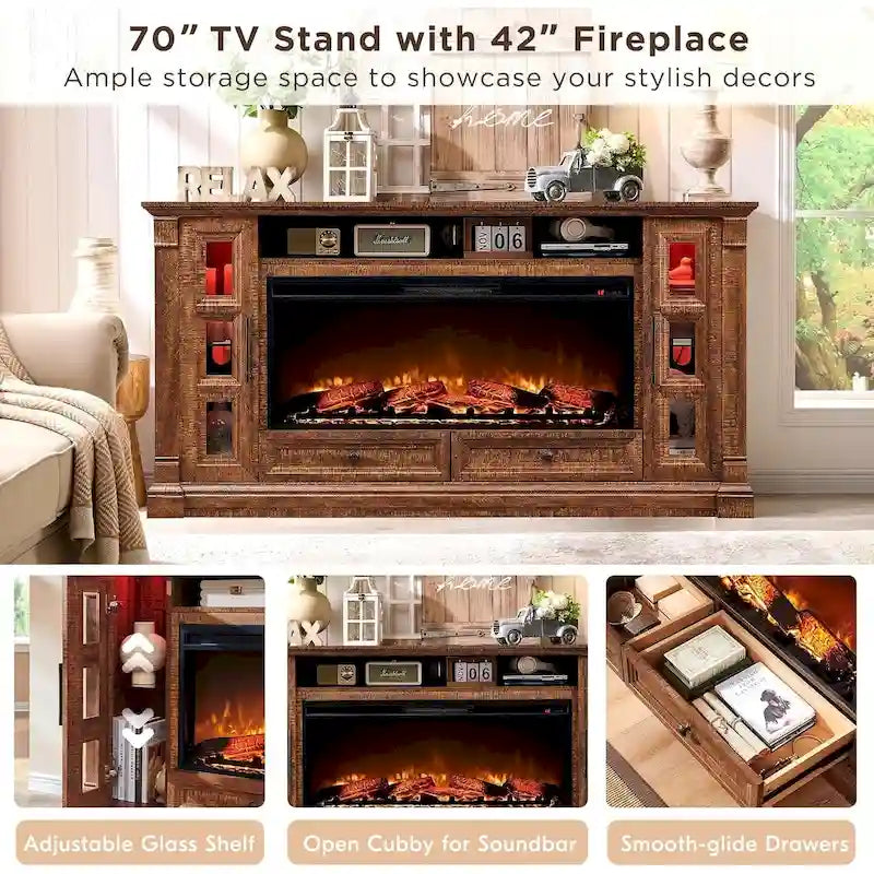 Farmhouse Fireplace TV Stand for up-to-80 TV, Entertainment Center