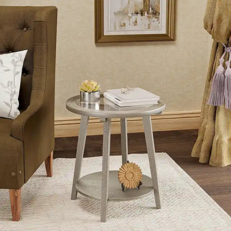 Champagne Round Glass Top Coffee Table Floral Cutout Open Shelf