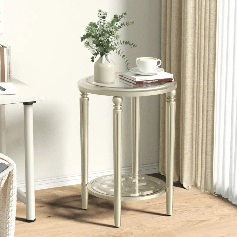 Champagne Round Glass Top Coffee Table Floral Cutout Open Shelf