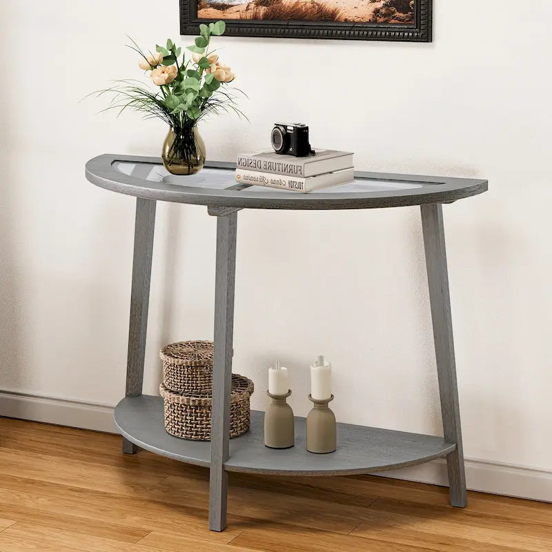 Champagne Round Glass Top Coffee Table Floral Cutout Open Shelf