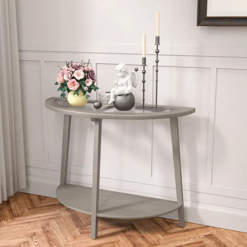 Champagne Round Glass Top Coffee Table Floral Cutout Open Shelf