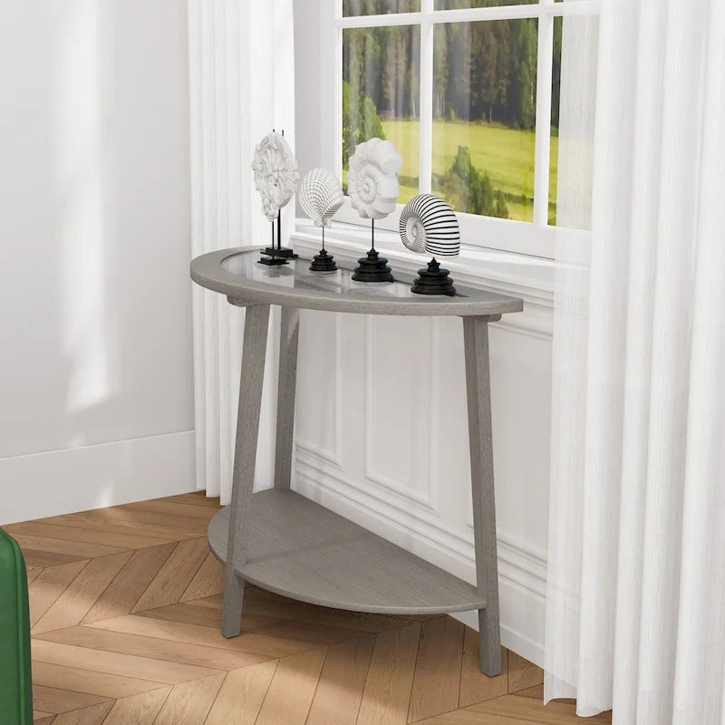 Champagne Round Glass Top Coffee Table Floral Cutout Open Shelf