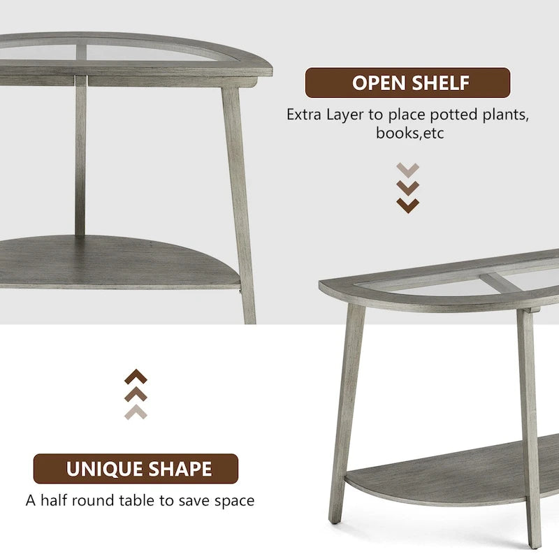 Champagne Round Glass Top Coffee Table Floral Cutout Open Shelf