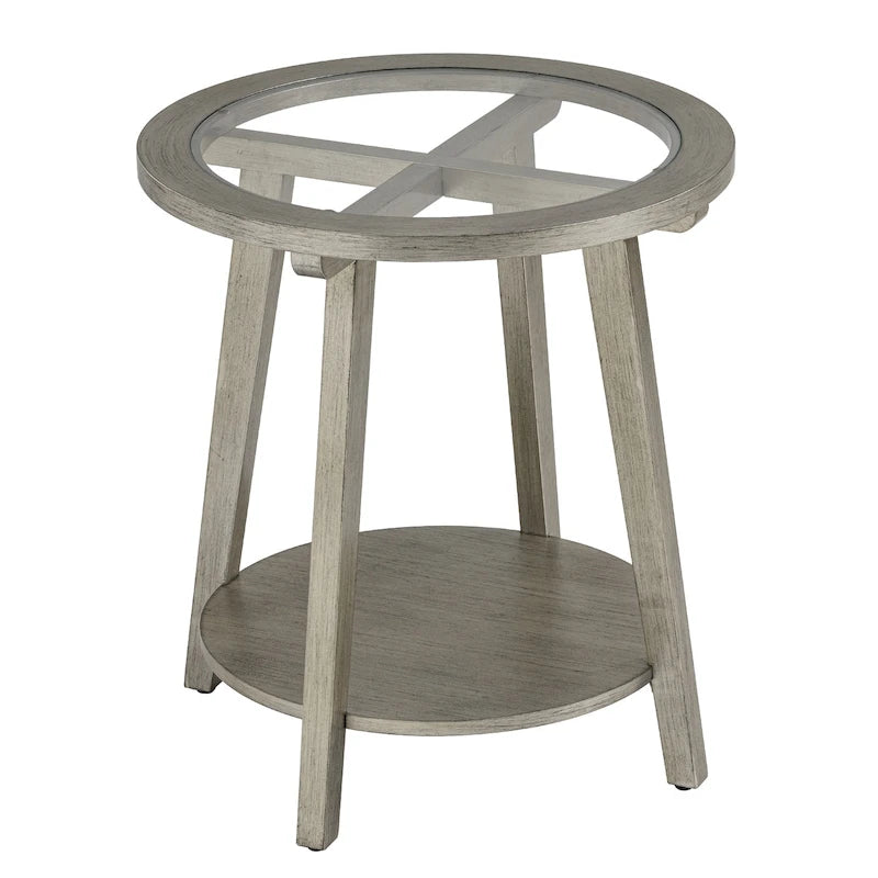 Champagne Round Glass Top Coffee Table Floral Cutout Open Shelf