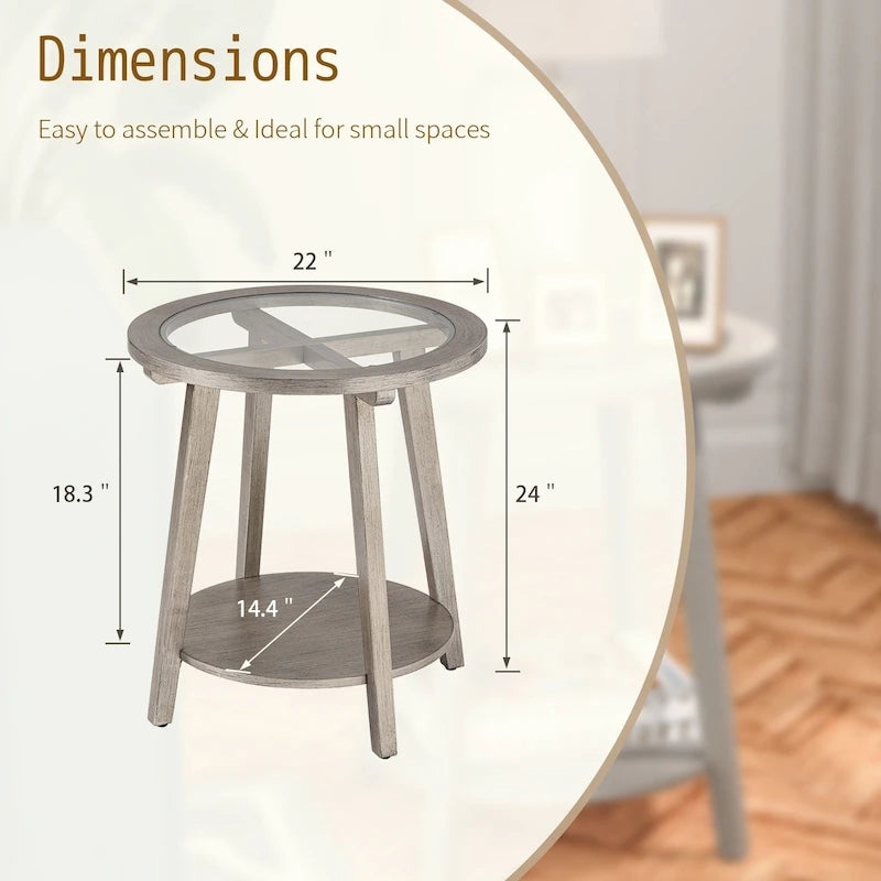 Champagne Round Glass Top Coffee Table Floral Cutout Open Shelf
