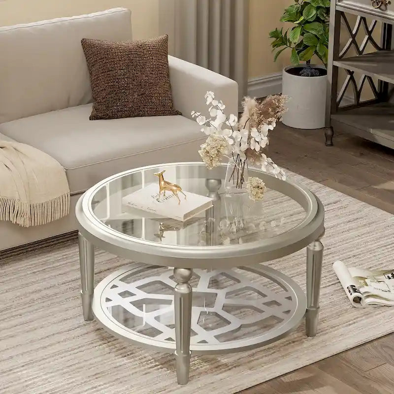 Champagne Round Glass Top Coffee Table Floral Cutout Open Shelf
