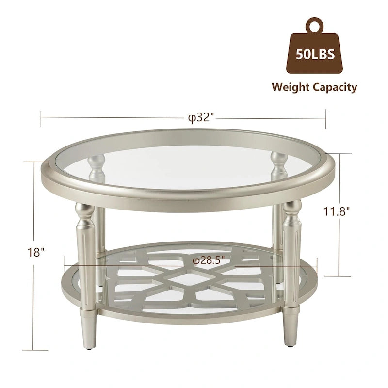 Champagne Round Glass Top Coffee Table Floral Cutout Open Shelf