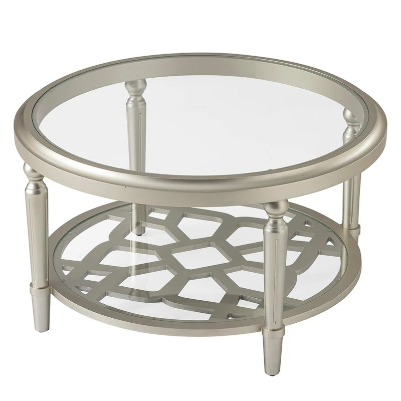 Champagne Round Glass Top Coffee Table Floral Cutout Open Shelf