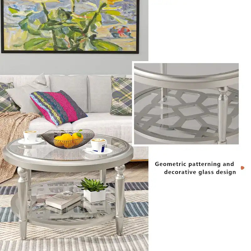 Champagne Round Glass Top Coffee Table Floral Cutout Open Shelf