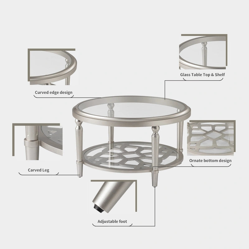 Champagne Round Glass Top Coffee Table Floral Cutout Open Shelf
