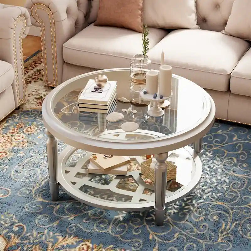 Champagne Round Glass Top Coffee Table Floral Cutout Open Shelf