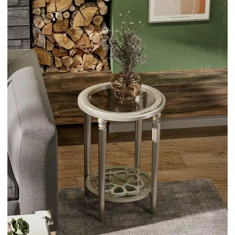Champagne Round Glass Top Coffee Table Floral Cutout Open Shelf