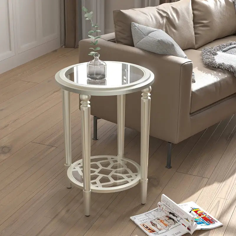 Champagne Round Glass Top Coffee Table Floral Cutout Open Shelf