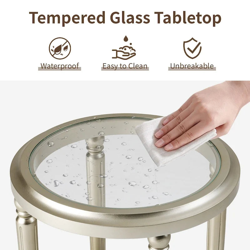 Champagne Round Glass Top Coffee Table Floral Cutout Open Shelf