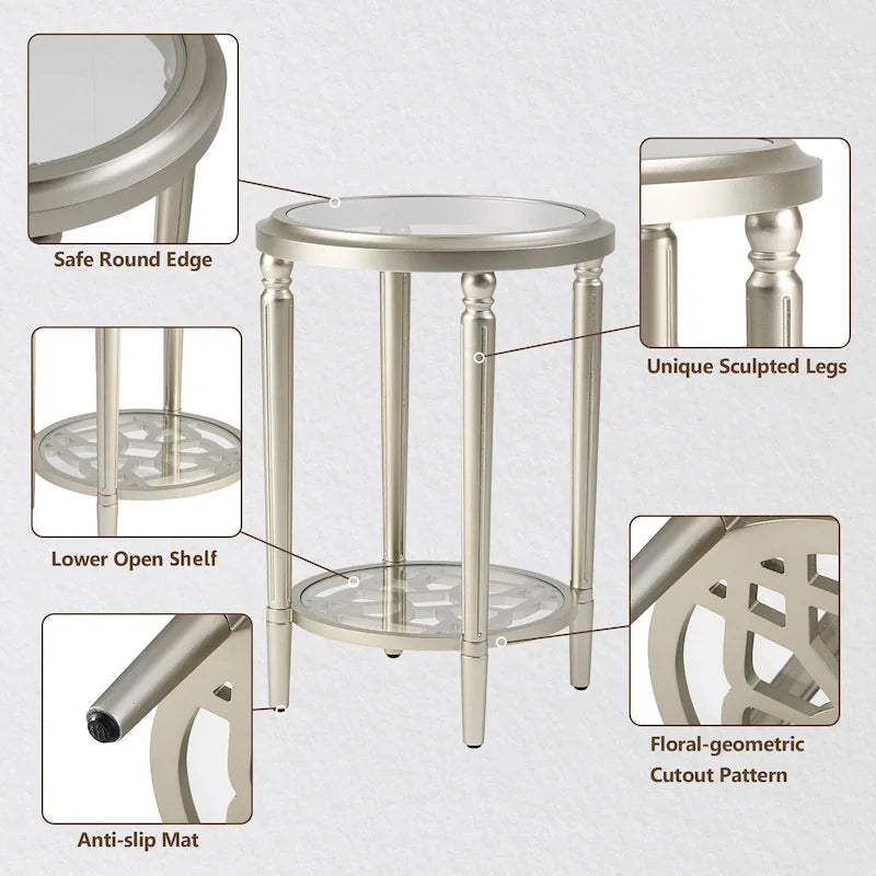 Champagne Round Glass Top Coffee Table Floral Cutout Open Shelf