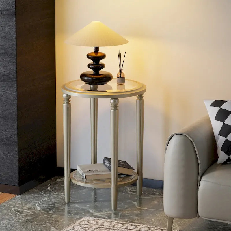 Champagne Round Glass Top Coffee Table Floral Cutout Open Shelf