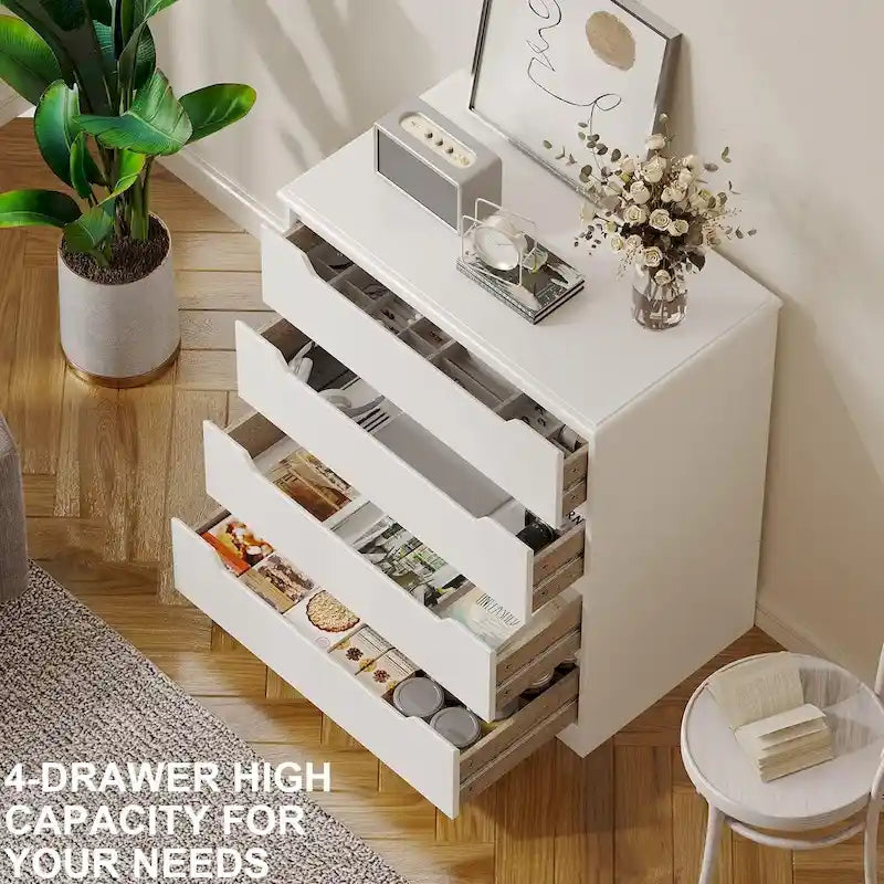 4 Drawer Dresser Chest of Drawers White for Bedroom, Modern Vertical Storage Dressing Table