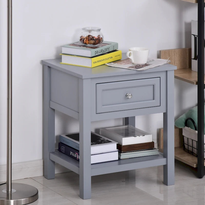 Grey Modern Nightstand End Table with Storage Drawer and Bottom Shelf