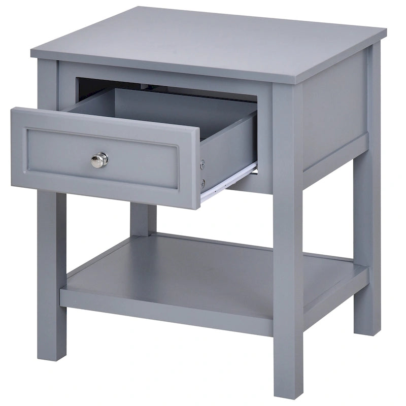 Grey Modern Nightstand End Table with Storage Drawer and Bottom Shelf