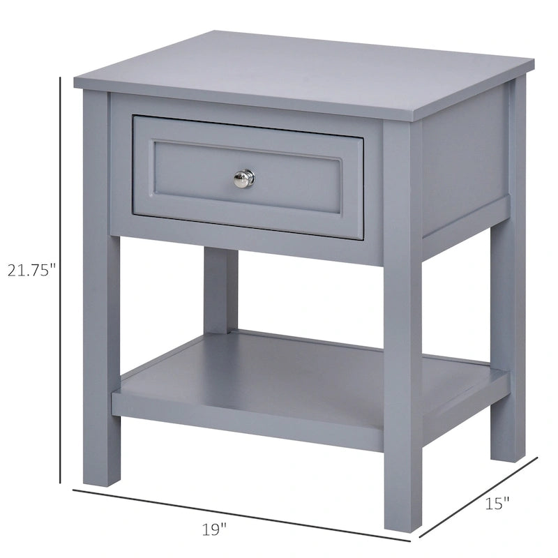 Grey Modern Nightstand End Table with Storage Drawer and Bottom Shelf