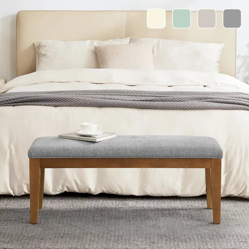 Upholstered Fabric Entryway Bench, Bedroom Bench for End of Bed Beige, Solid Wood 44-inch