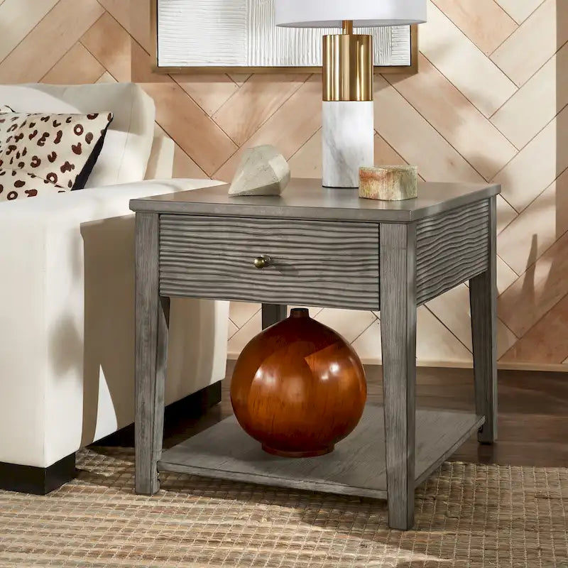 Antique Grey Fiber Cement End Table with Drawer and Open Shelf