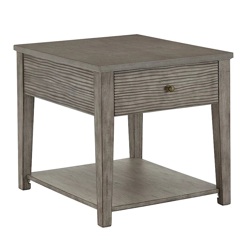 Antique Grey Fiber Cement End Table with Drawer and Open Shelf