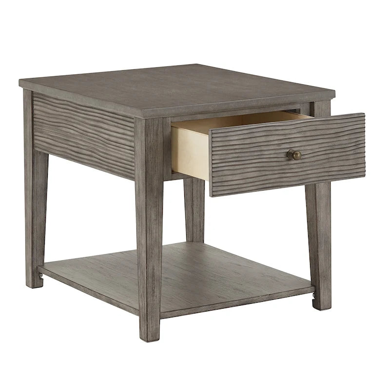 Antique Grey Fiber Cement End Table with Drawer and Open Shelf