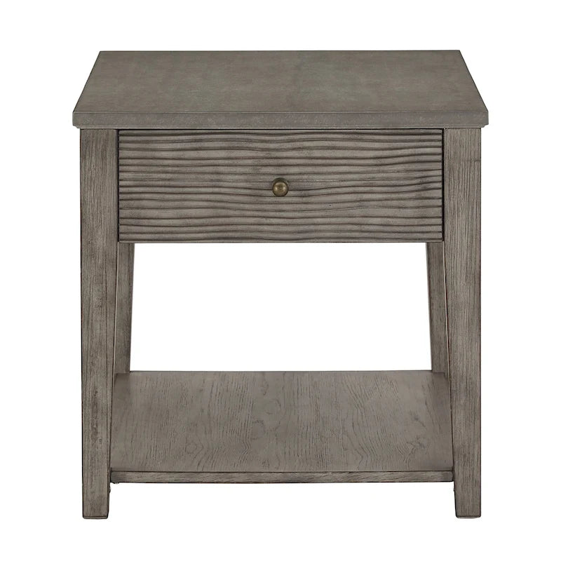 Antique Grey Fiber Cement End Table with Drawer and Open Shelf