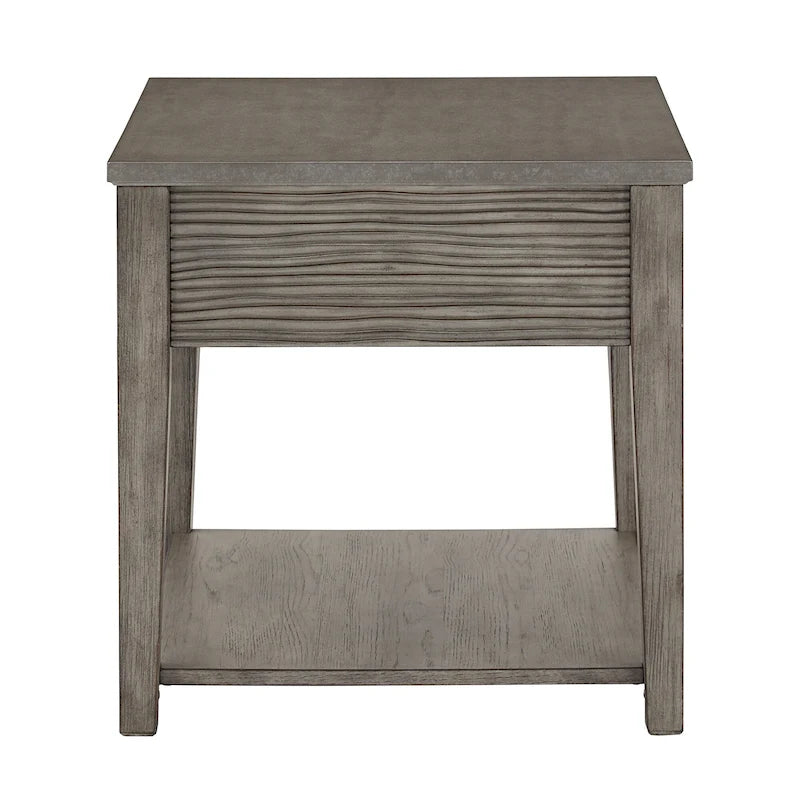Antique Grey Fiber Cement End Table with Drawer and Open Shelf