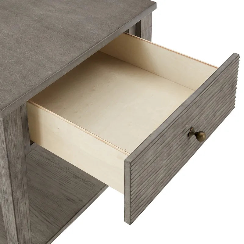 Antique Grey Fiber Cement End Table with Drawer and Open Shelf