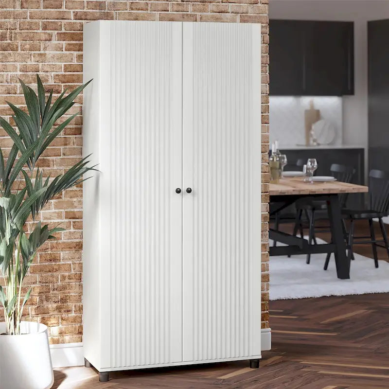 Fluted Double Door Tall Storage Cabinet with Adjustable Shelves, White