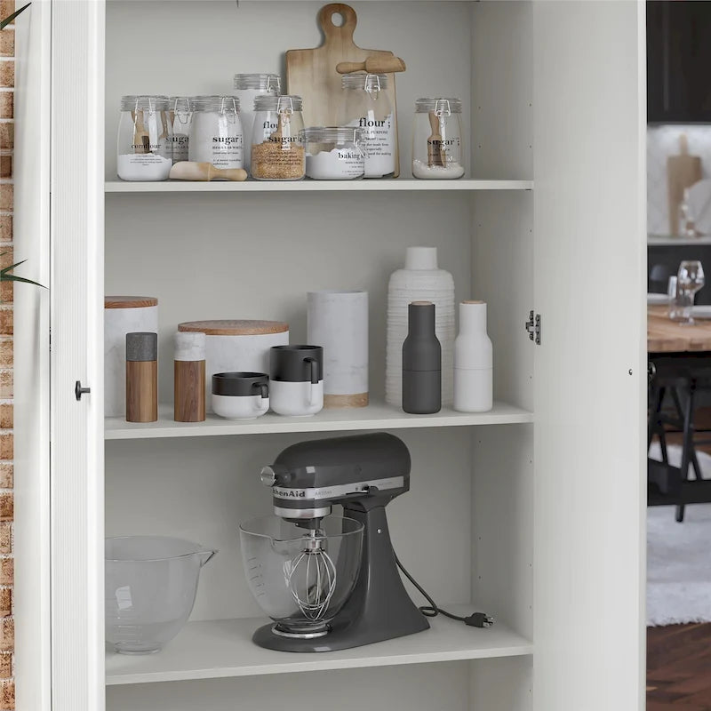 Fluted Double Door Tall Storage Cabinet with Adjustable Shelves, White