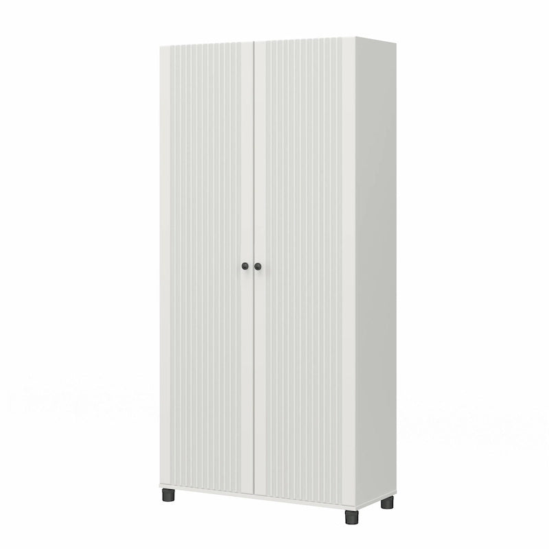 Fluted Double Door Tall Storage Cabinet with Adjustable Shelves, White