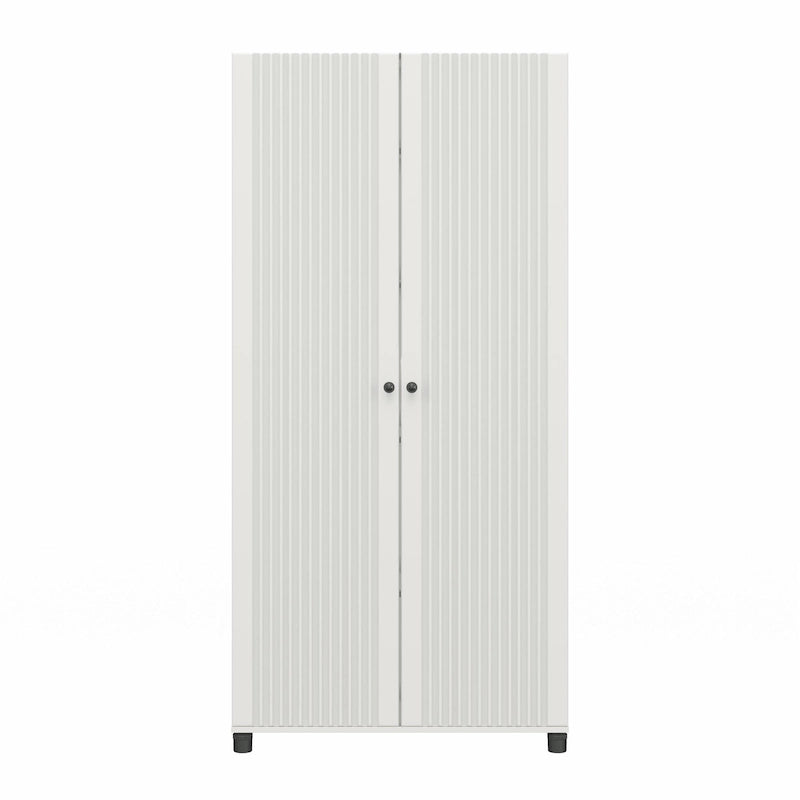 Fluted Double Door Tall Storage Cabinet with Adjustable Shelves, White