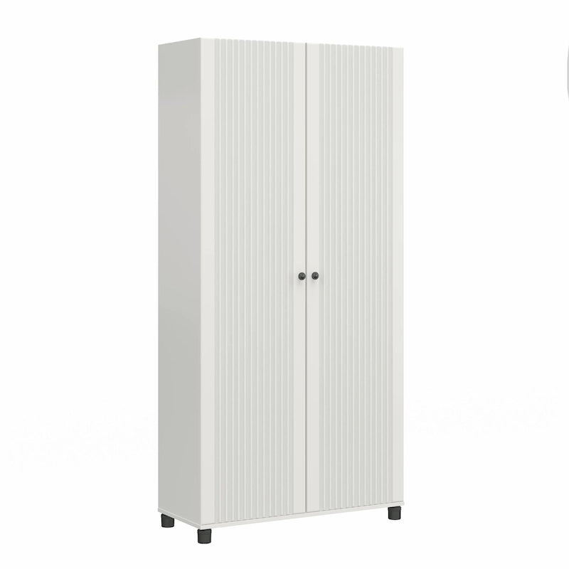 Fluted Double Door Tall Storage Cabinet with Adjustable Shelves, White