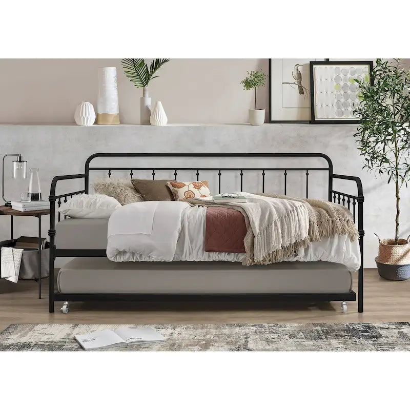 Metal Daybed with Pull-Out Trundle Bed Frame Elegant Openwork Spindle Design