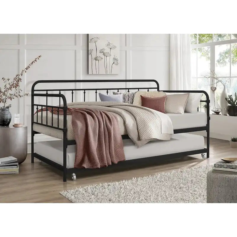 Metal Daybed with Pull-Out Trundle Bed Frame Elegant Openwork Spindle Design