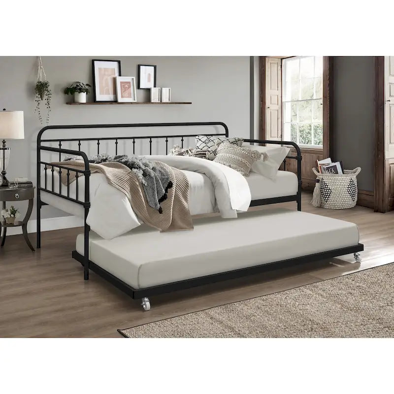 Metal Daybed with Pull-Out Trundle Bed Frame Elegant Openwork Spindle Design