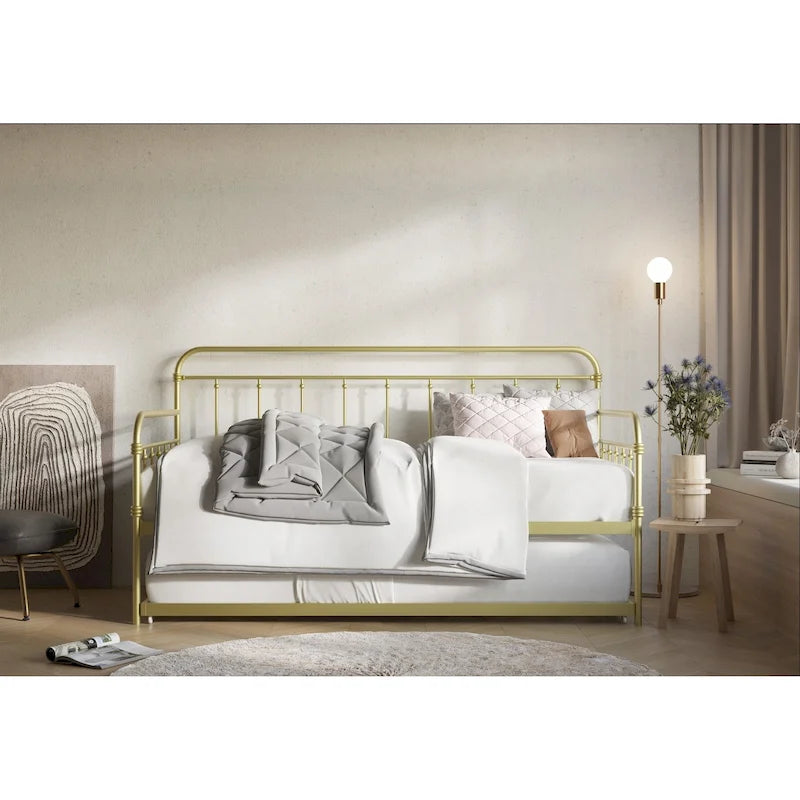 Metal Daybed with Pull-Out Trundle Bed Frame Elegant Openwork Spindle Design