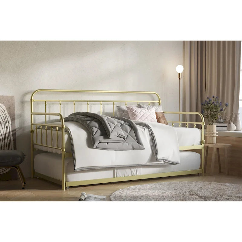 Metal Daybed with Pull-Out Trundle Bed Frame Elegant Openwork Spindle Design